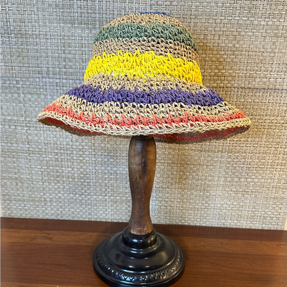 🌟3xHP🌟Rainbow Striped Crocheted Paper Summer Straw Hat Adjustable
